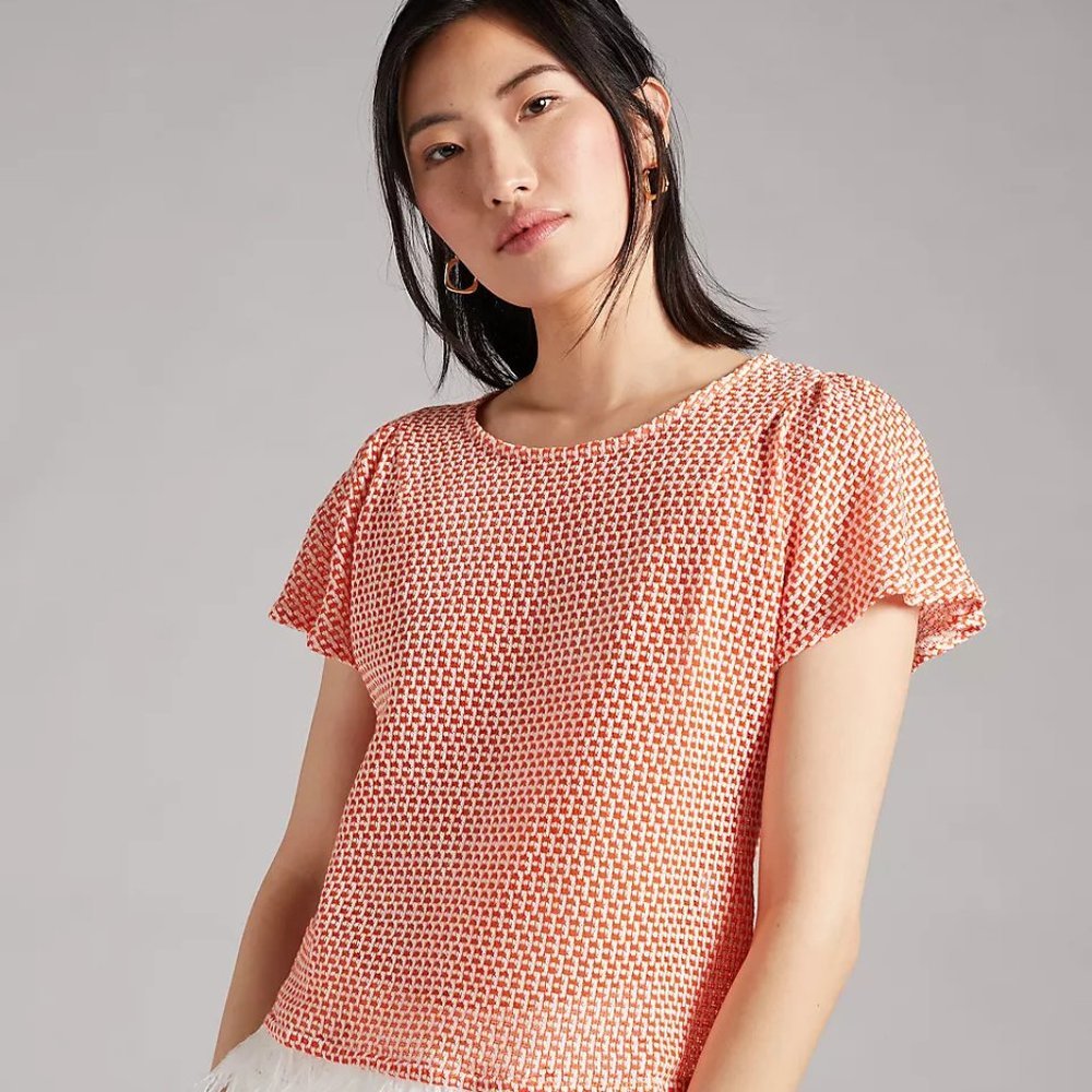 Anthropologie Eva Franco Orange Knit Feathered Top w/ Flutter Sleeves - Picture 5 of 7